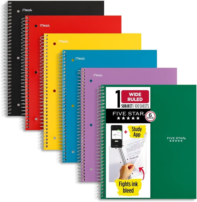 Five Star Spiral Notebook + Study App, 6 Pack, 1 Subject, Wide Ruled Paper, 8" x 10-1/2", 100 Sheets, Fights Ink Bleed, Water Resistant Cover, Assorted Colors (38042) - Image 1