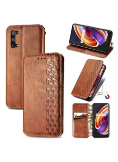 HuHa Case Cover For Realme X7 Pro Cubic Grid Pressed Horizontal Flip Magnetic PU Leather Case with Holder & Card Slots & Wallet Brown 