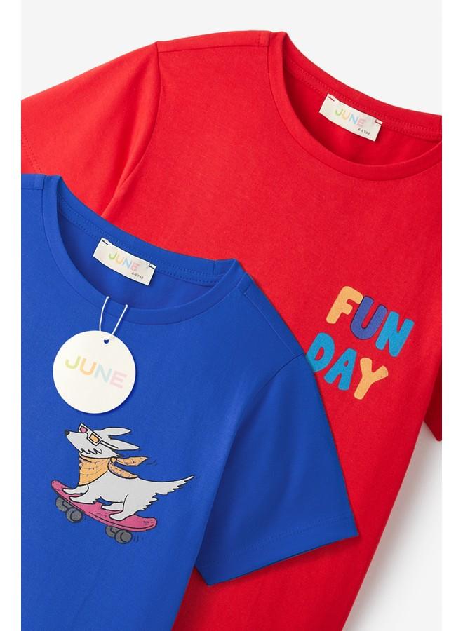 جون تيشيرتات قطنية مطبوعة بأكمام قصيرة للأولاد، عبوة من قطعتين، لون أزرق سماوي وأحمر - Image 4