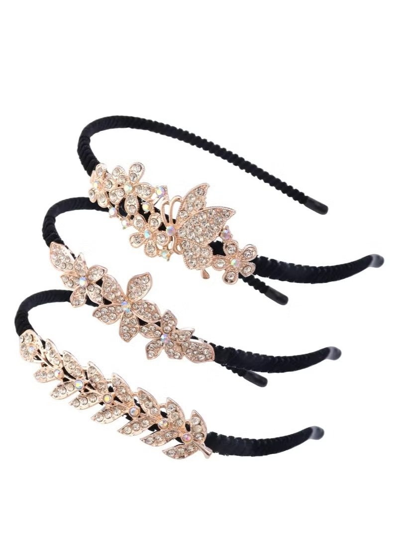 3 قطع من عصابات الشعر المرصعة بأحجار الراين الكريستالية بتصميمات أوراق الشجر والفراشات والزهور للفتيات والعرائس - Image 1