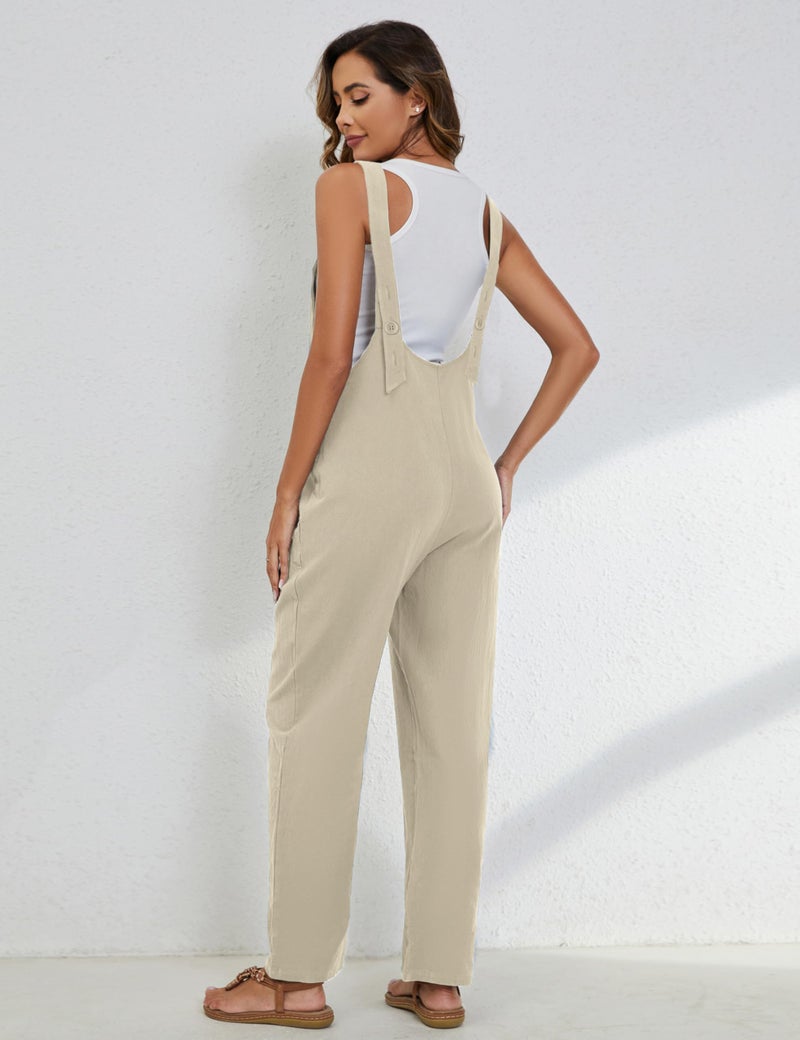 Yeokou Womens Overalls Linen Cotton Jumpsuits Loose Casual Jumpers with Pockets(Beige-XL) - Image 4