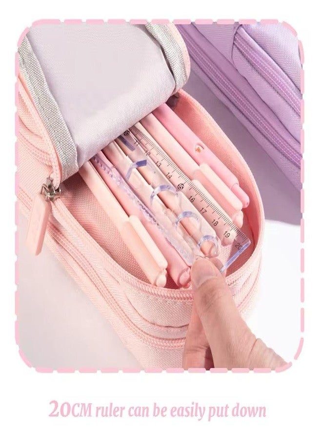 LEAFZY Large Capacity Pencil Case for Girls, 6 Layer Canvas Pouch with 3 Compartments, Cute Aesthetic Purple & Pink Stationery Organizer for School & Kids (Pink) - Image 3