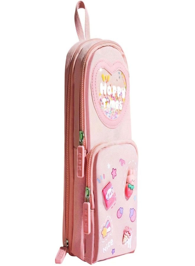 LEAFZY Large Capacity Pencil Case for Girls, 6 Layer Canvas Pouch with 3 Compartments, Cute Aesthetic Purple & Pink Stationery Organizer for School & Kids (Pink) - Image 1