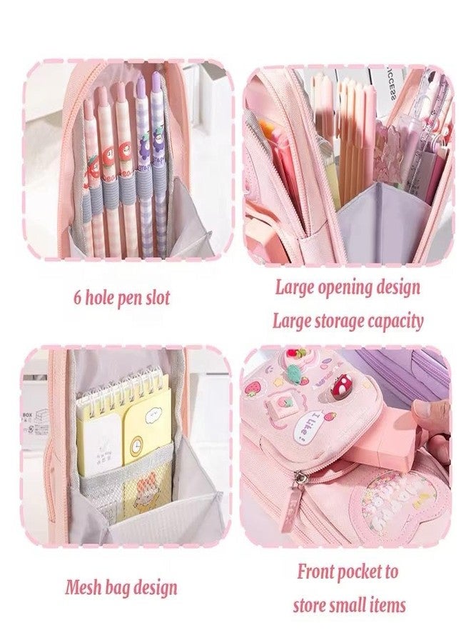 LEAFZY Large Capacity Pencil Case for Girls, 6 Layer Canvas Pouch with 3 Compartments, Cute Aesthetic Purple & Pink Stationery Organizer for School & Kids (Pink) - Image 4