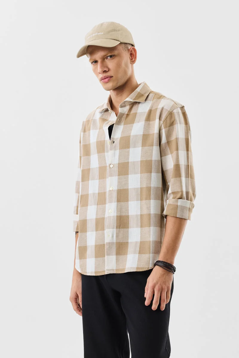 سنيتش Beige Checkered Long Sleeve Regular Fit Shirt