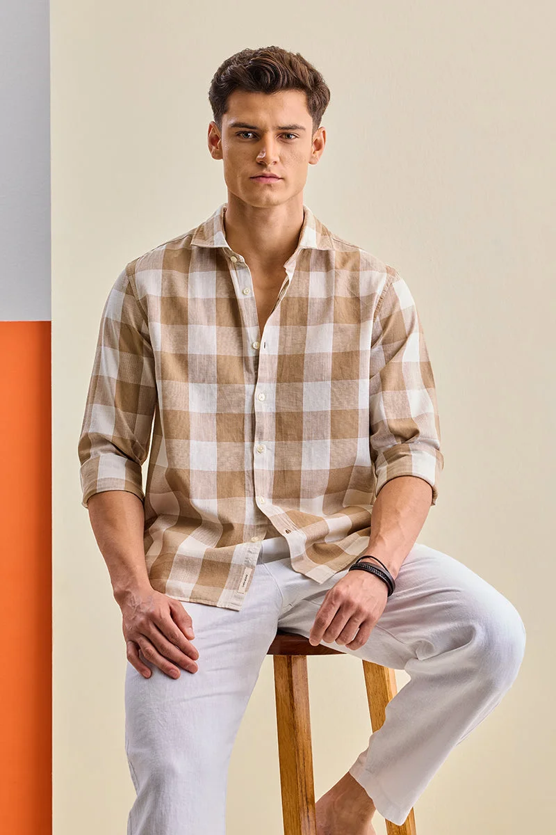 سنيتش Beige Checkered Long Sleeve Regular Fit Shirt