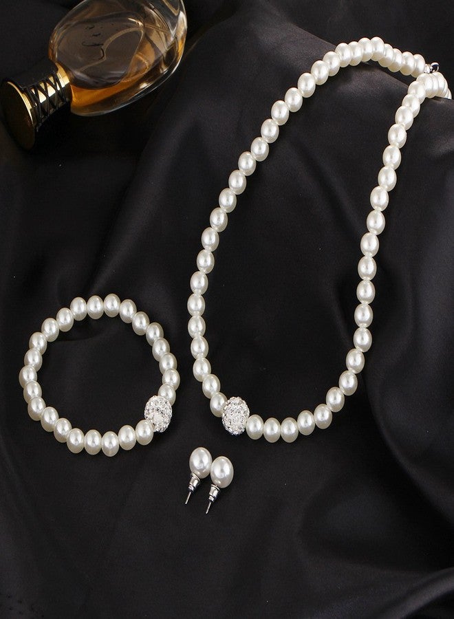 ANGLEQUEEN 3 Pcs Faux Pearl Necklace Bracelet Earrings Set for Women Rhinestone Artificial Pearl Jewellery Accessories for Birthday Wedding Party Prom Jewelry Sets (style1) - Image 5