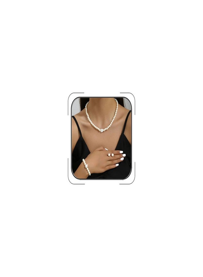 ANGLEQUEEN 3 Pcs Faux Pearl Necklace Bracelet Earrings Set for Women Rhinestone Artificial Pearl Jewellery Accessories for Birthday Wedding Party Prom Jewelry Sets (style1) - Image 1
