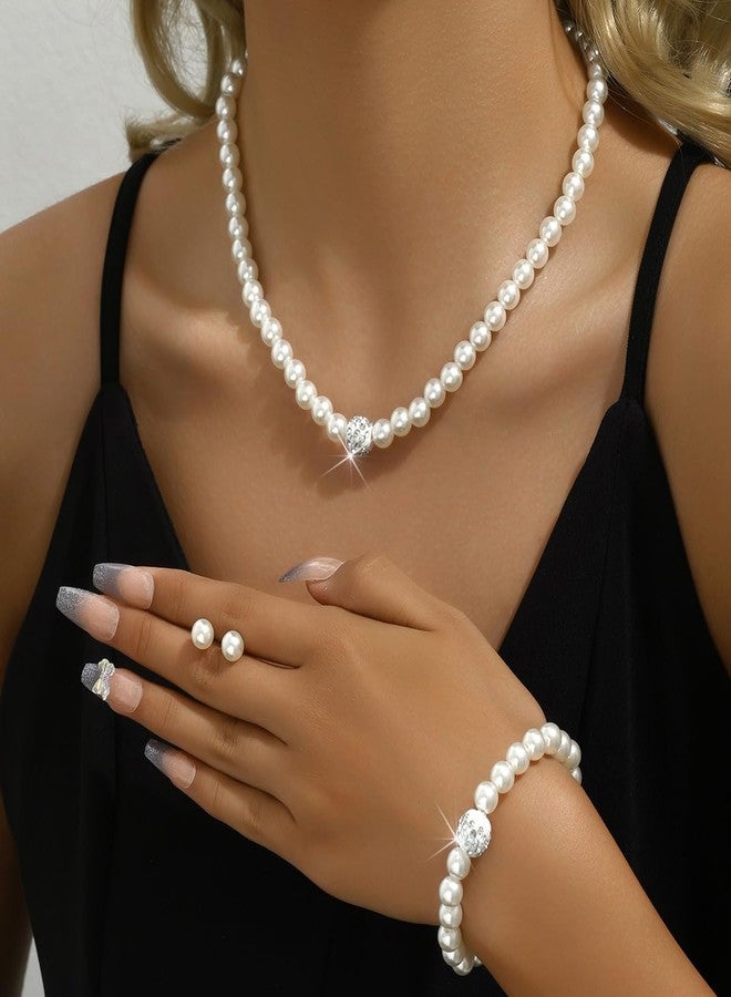 ANGLEQUEEN 3 Pcs Faux Pearl Necklace Bracelet Earrings Set for Women Rhinestone Artificial Pearl Jewellery Accessories for Birthday Wedding Party Prom Jewelry Sets (style1) - Image 4