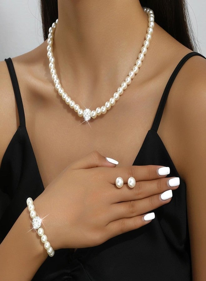 ANGLEQUEEN 3 Pcs Faux Pearl Necklace Bracelet Earrings Set for Women Rhinestone Artificial Pearl Jewellery Accessories for Birthday Wedding Party Prom Jewelry Sets (style1) - Image 3
