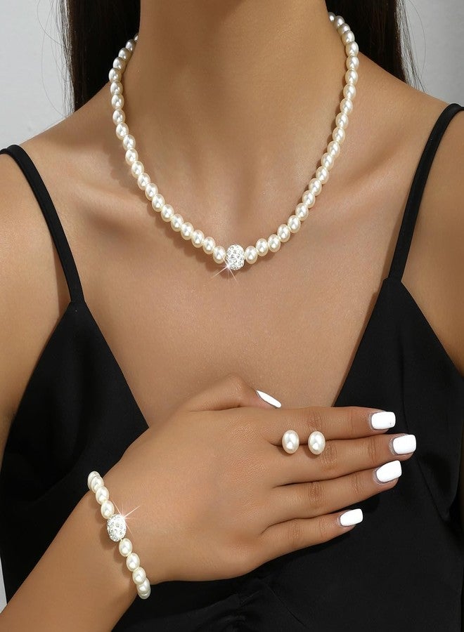 ANGLEQUEEN 3 Pcs Faux Pearl Necklace Bracelet Earrings Set for Women Rhinestone Artificial Pearl Jewellery Accessories for Birthday Wedding Party Prom Jewelry Sets (style1) - Image 2