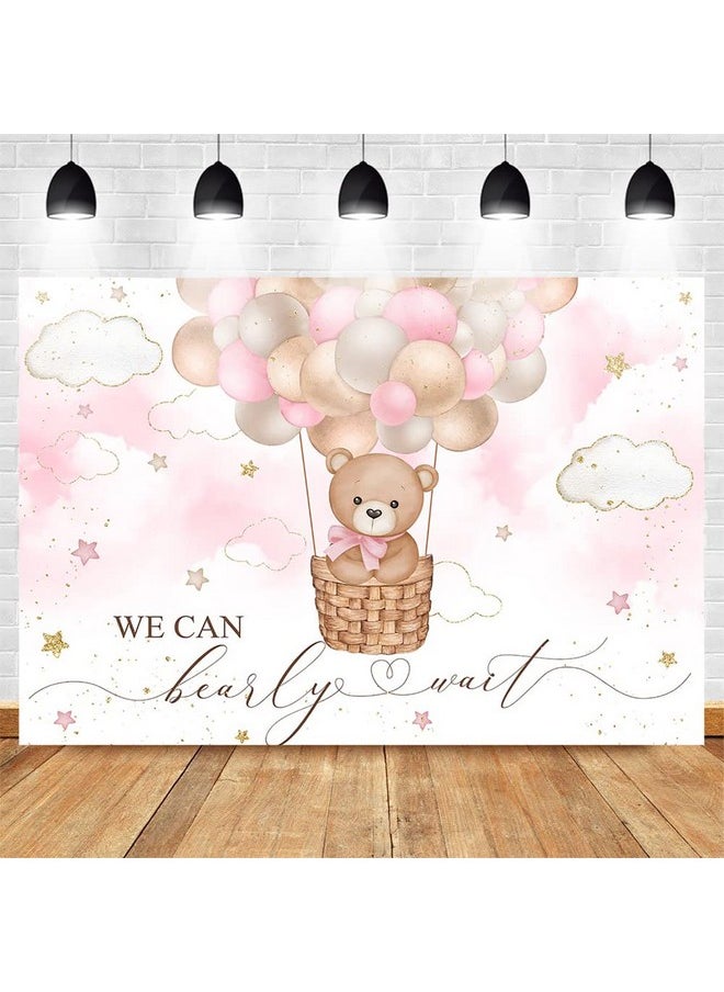 Mocsicka Pink Bear Hot Air Balloon Backdrop Girl Bear Balloons Baby Shower Background We Can Bearly Wait Baby Shower Party Cake Table Decoration Photo Booth Props (7X5Ft)  - Image 3