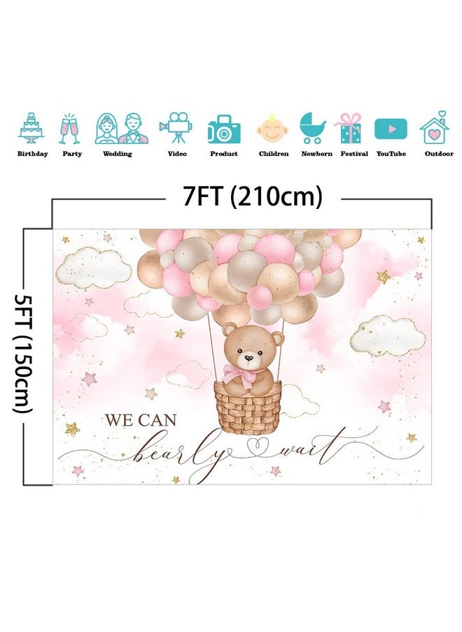Mocsicka Pink Bear Hot Air Balloon Backdrop Girl Bear Balloons Baby Shower Background We Can Bearly Wait Baby Shower Party Cake Table Decoration Photo Booth Props (7X5Ft)  - Image 4