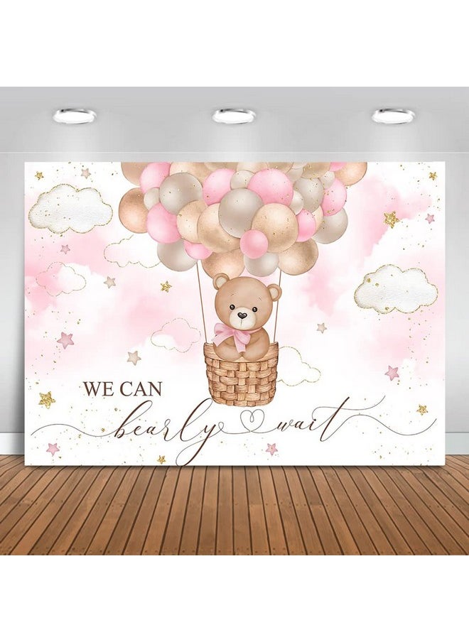 Mocsicka Pink Bear Hot Air Balloon Backdrop Girl Bear Balloons Baby Shower Background We Can Bearly Wait Baby Shower Party Cake Table Decoration Photo Booth Props (7X5Ft)  - Image 1