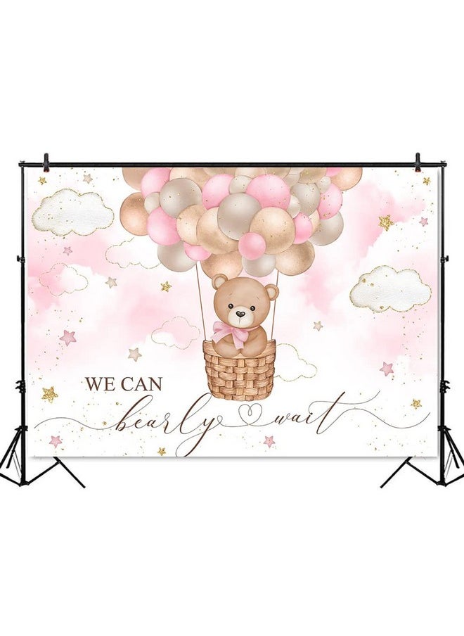 Mocsicka Pink Bear Hot Air Balloon Backdrop Girl Bear Balloons Baby Shower Background We Can Bearly Wait Baby Shower Party Cake Table Decoration Photo Booth Props (7X5Ft)  - Image 2
