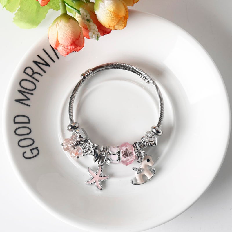 DS Charm Bracelets for girls,exquisite cute cartoon friendship bracelets Silver Stainless Steel Bangle with birthday Gift box, Adjustable girls jewelry Suitable for holiday gifts (Silver-Pink Pony) - Image 3