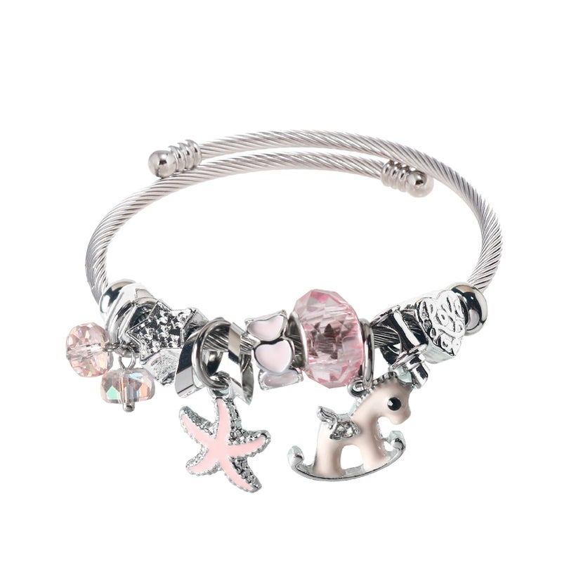 DS Charm Bracelets for girls,exquisite cute cartoon friendship bracelets Silver Stainless Steel Bangle with birthday Gift box, Adjustable girls jewelry Suitable for holiday gifts (Silver-Pink Pony) - Image 1
