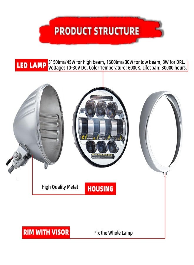 FATECIM 5.75" Round Motorcycle LED Headlight with Visor 5 3/4 Inch Motorbike Hi/Lo Beam DRL Headlamp Bottom Mount Heavy Duty for Harley Kawasaki Honda Yamaha Suzuki Chopper Cafe Racer Bobber Chrome - Image 3