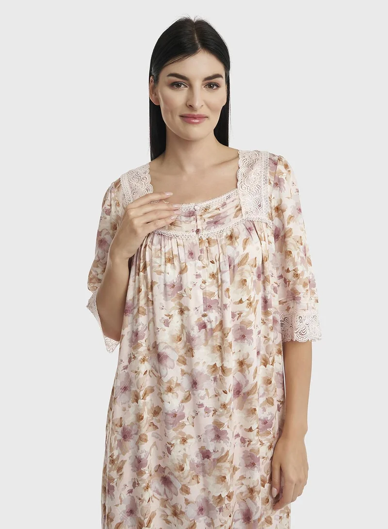 كشخة قميص نوم فيسكوز مطبوع بأزرار أمامية