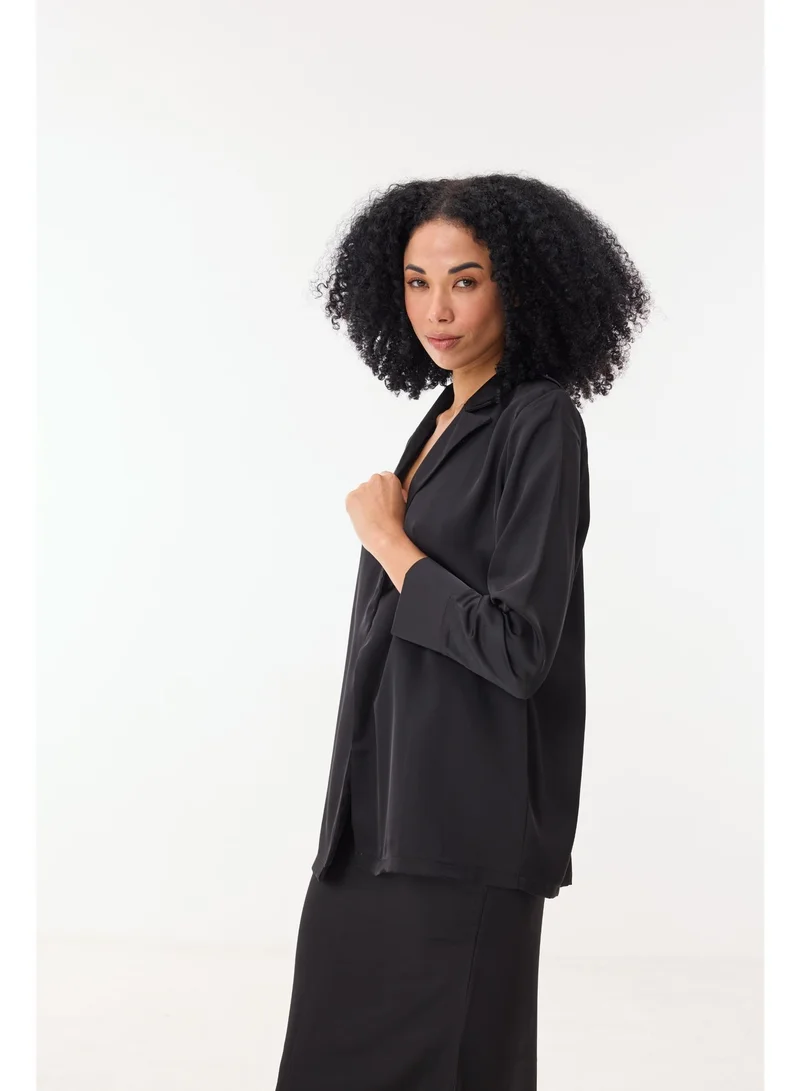 Ashita Fernandes  Poly Satin Relaxed-Fit Collared Shirt with Full Sleeves – Black for Women | Best Price UAE