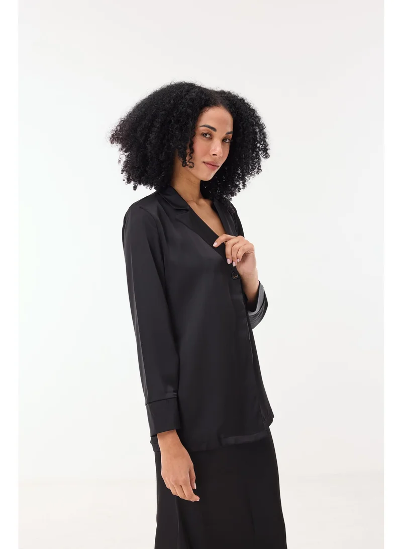 Ashita Fernandes  Poly Satin Relaxed-Fit Collared Shirt with Full Sleeves – Black for Women | Best Price UAE