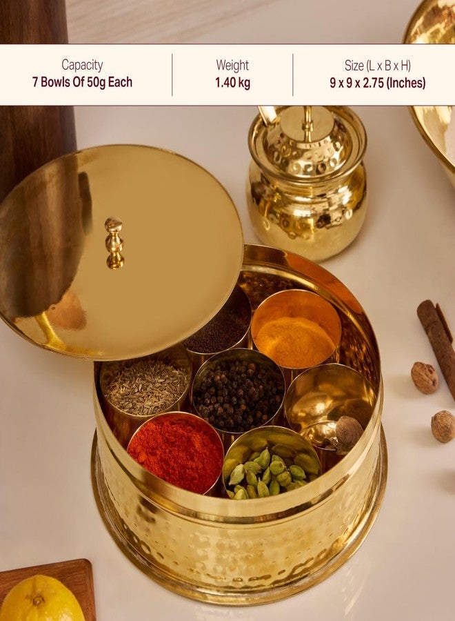 P-TAL Brass Masala Box for Kitchen with Spoon Masala Dani Spice Box Set Anjarai Petti Masala Dabba Ptal Brass Utensils for Kitchen (7 Containers 50 gm each) - Image 3