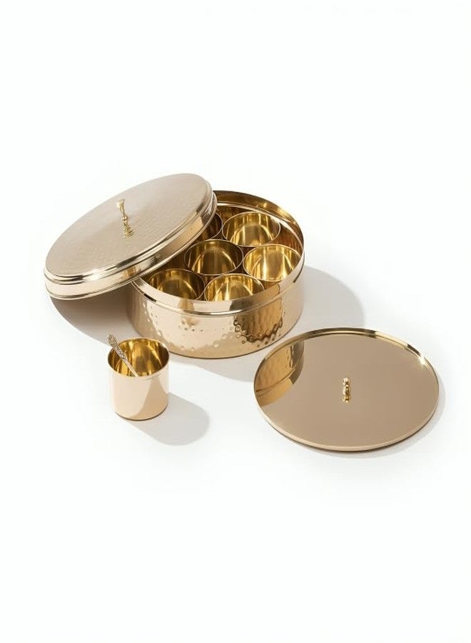 P-TAL Brass Masala Box for Kitchen with Spoon Masala Dani Spice Box Set Anjarai Petti Masala Dabba Ptal Brass Utensils for Kitchen (7 Containers 50 gm each) - Image 1