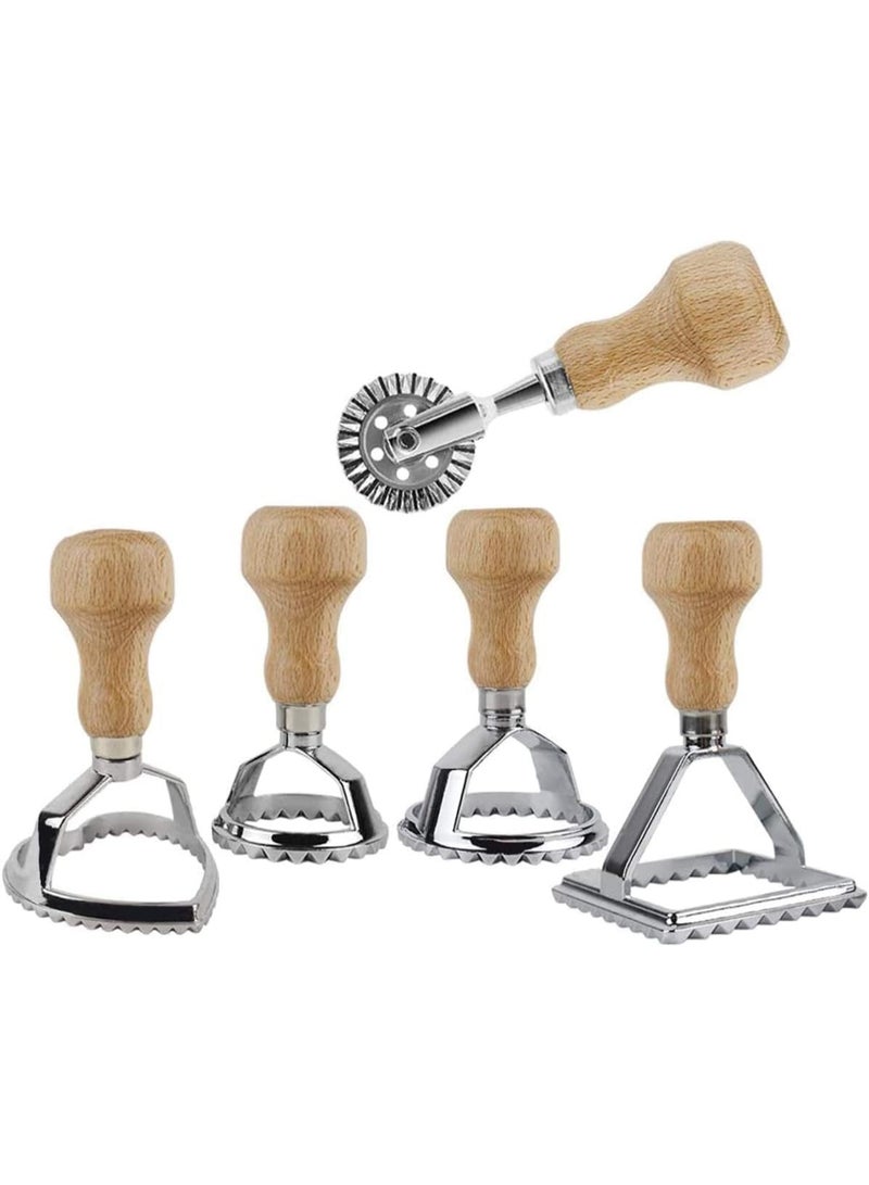ChicAbode 5 أجهزة كمبيوتر شخصية رافيولي طابع صانع القطع مجموعة، المعكرونة الطوابع القالب مع مقبض خشبي والحافة المزروعة، رافيولي أدوات الصحافة مع عجلة الأسطوانة للمعكرونة المنزلية الصنع، الكعك واللازانيا - Image 1