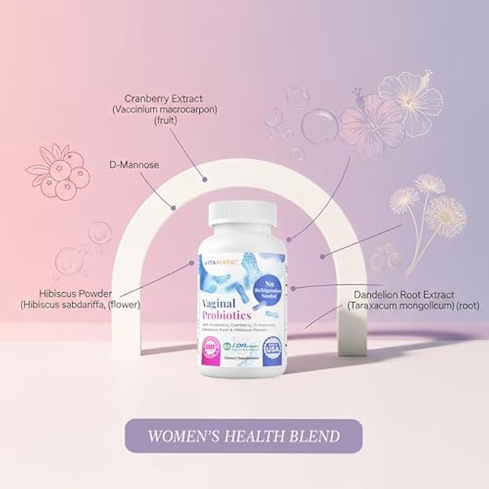 Vitamatic Vaginal Probiotics for Women – 20 Billion CFU, pH Balance & Odor Control, 60 DR Capsules with Prebiotics, Cranberry, D-Mannose, Hibiscus & Dandelion – Feminine Health & Daily Support* - Image 4