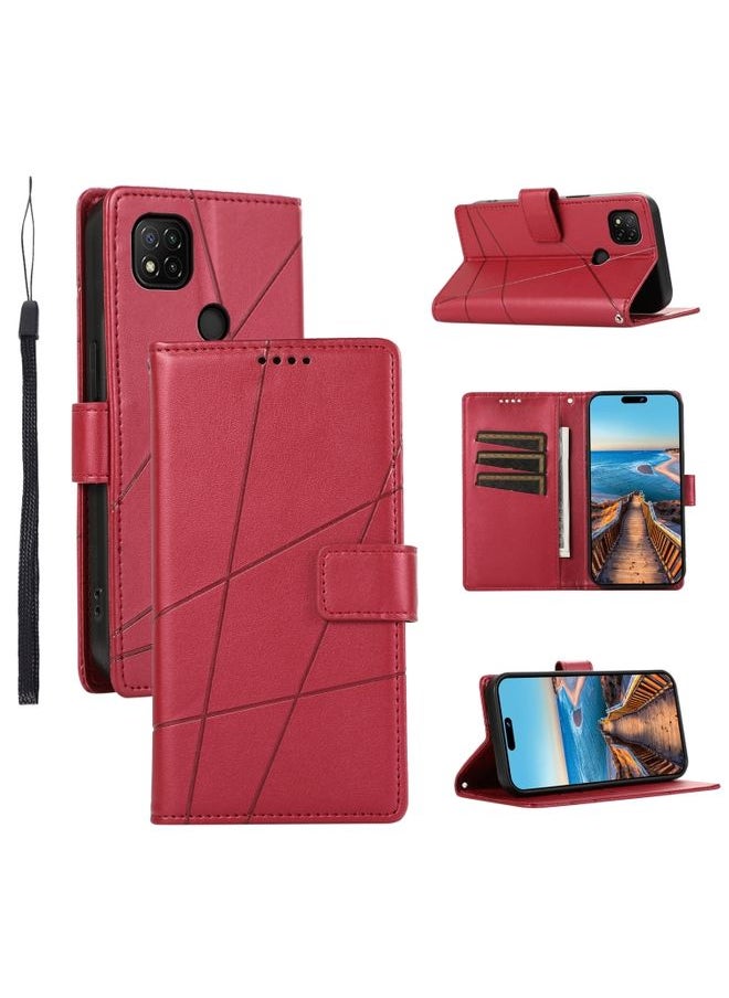 HuHa Case Cover For Xiaomi Redmi 9C PU Genuine Leather Texture Embossed Line Phone Case Red 