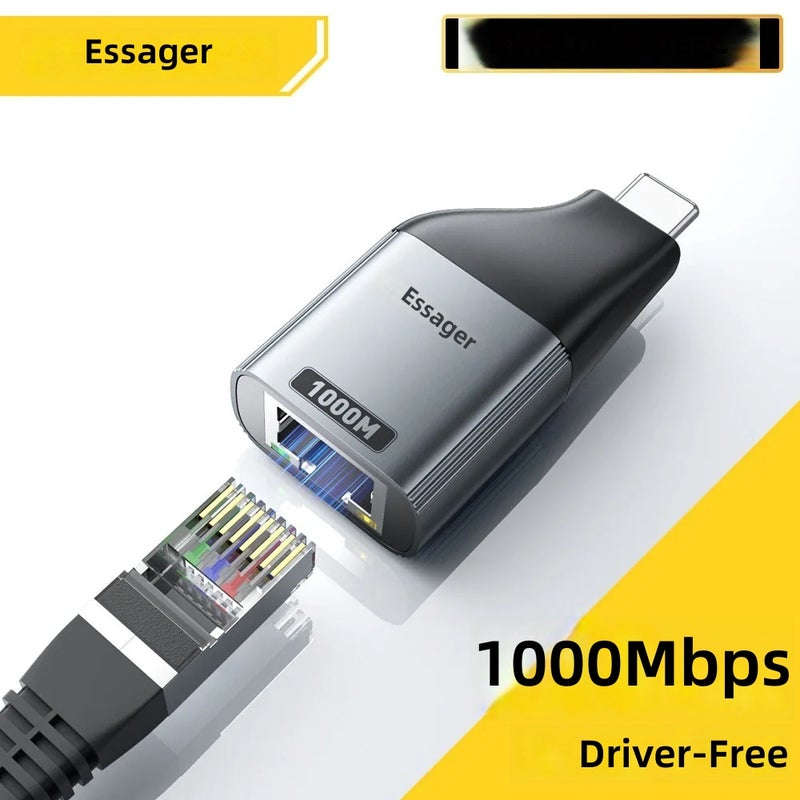 Essager Type-C to Ethernet Adapter 100/1000Mbps Gigabit High-Speed RJ45 to Type-C Adapter for MacBook Laptops - Image 2