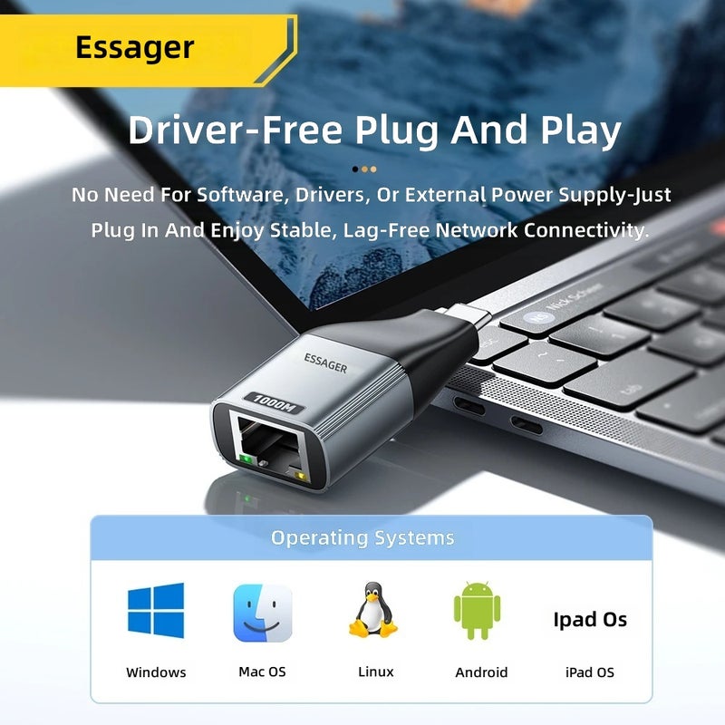 Essager Type-C to Ethernet Adapter 100/1000Mbps Gigabit High-Speed RJ45 to Type-C Adapter for MacBook Laptops - Image 4