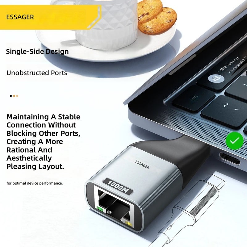 Essager Type-C to Ethernet Adapter 100/1000Mbps Gigabit High-Speed RJ45 to Type-C Adapter for MacBook Laptops - Image 5