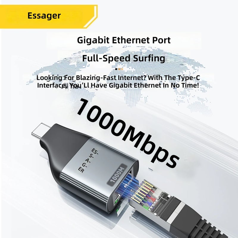 Essager Type-C to Ethernet Adapter 100/1000Mbps Gigabit High-Speed RJ45 to Type-C Adapter for MacBook Laptops - Image 3
