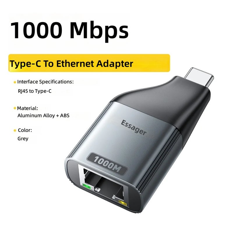 Essager Type-C to Ethernet Adapter 100/1000Mbps Gigabit High-Speed RJ45 to Type-C Adapter for MacBook Laptops - Image 1