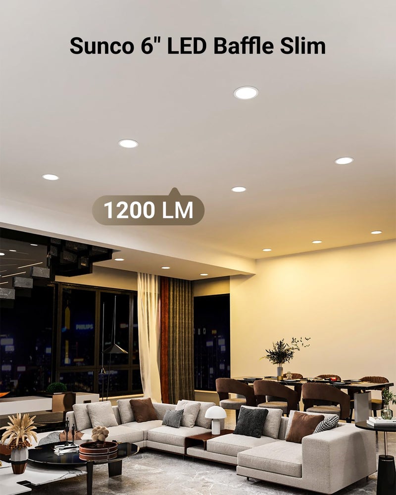Sunco Lighting Sunco 24 Pack 6 Inch LED Recessed Light, Ceiling Canless Recessed Lights, Baffle Trim, 1200 LM, 14W, Selectable CCT 2700K/3000K/4000K/5000K/6000K, Dimmable with Junction Box - Image 2
