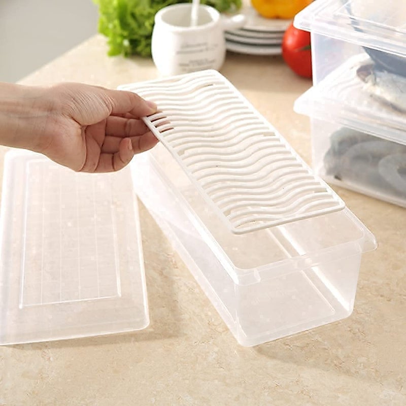 Qshare Fridge Container - Plastic Fridge Storage Box with Removable Drain Plate, Leak-Proof Lid Fridge Storage Box, Fridge Organizer Container Keep for Fruits, Vegetables, Fish, Meat (1500ml) (6) - Image 5