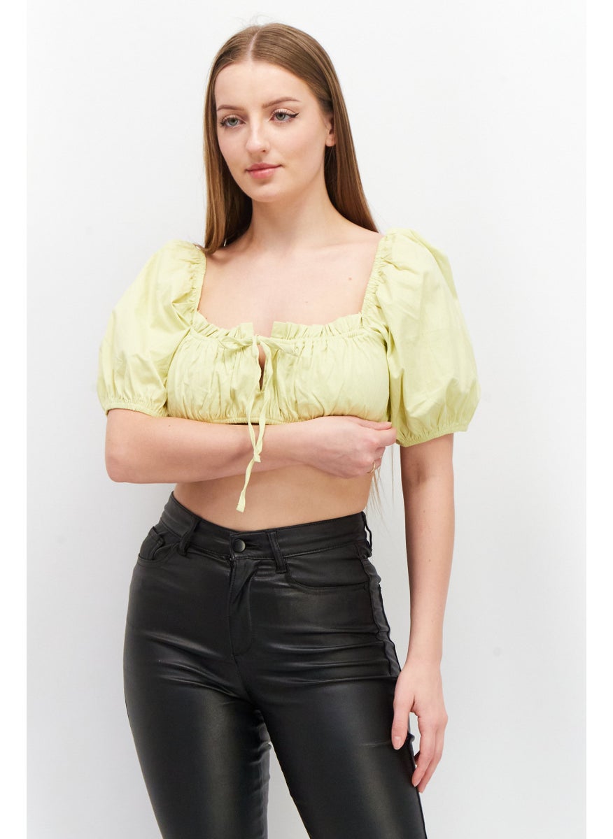 SkyLar Rose Women Square Neck Puffed Sleeve Plain Crop Top, Green  - Image 1