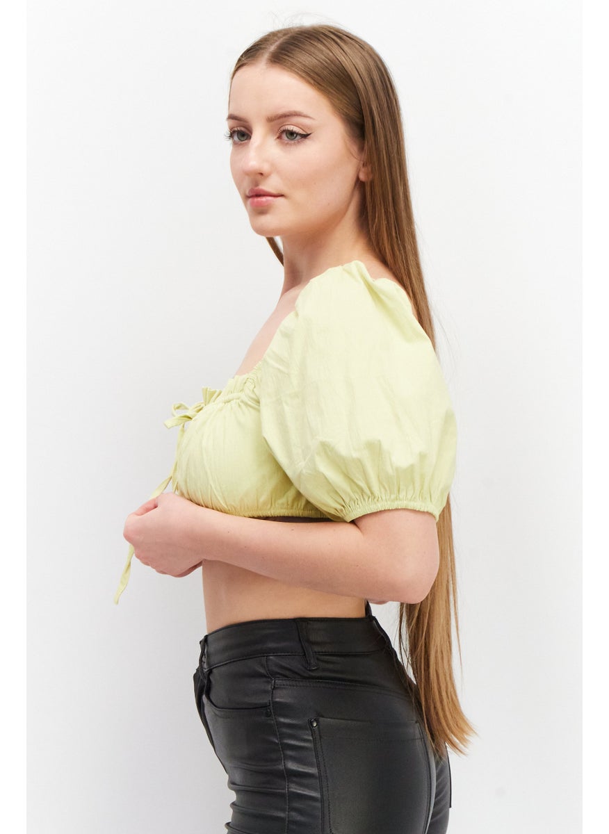SkyLar Rose Women Square Neck Puffed Sleeve Plain Crop Top, Green  - Image 3