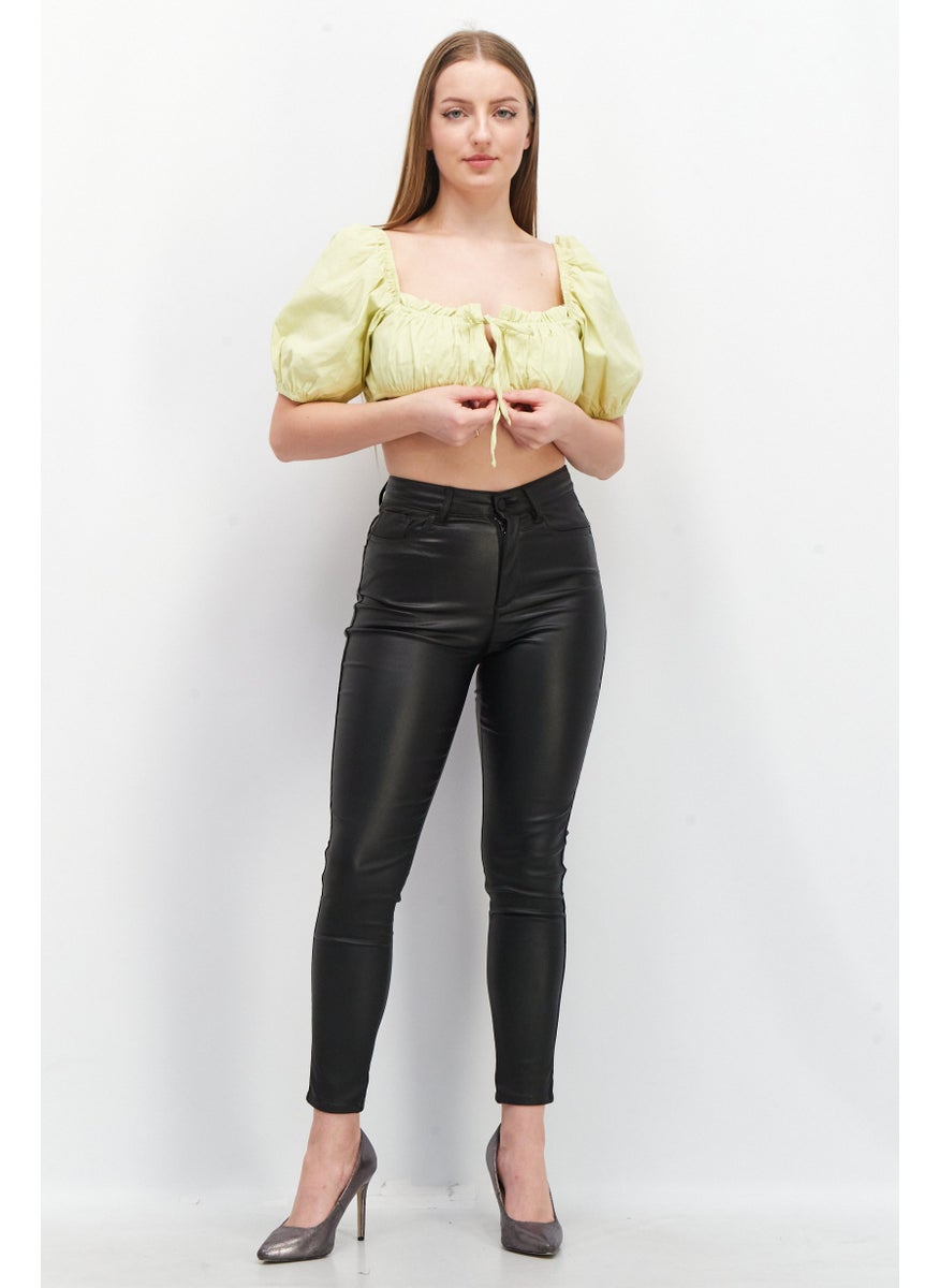 SkyLar Rose Women Square Neck Puffed Sleeve Plain Crop Top, Green  - Image 4