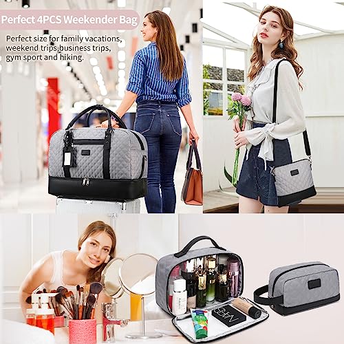 Wogarl 4PCS Weekender Bags for Women Large Overnight Bag Weekend Travel Duffel Bag Carry on Shoulder with Shoe Compartment Canvas Toiletry Bag for Travel Business Gym(Grey-LG) - Image 2