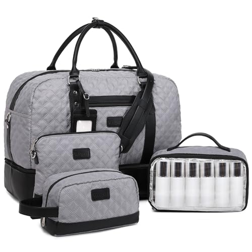 Wogarl 4PCS Weekender Bags for Women Large Overnight Bag Weekend Travel Duffel Bag Carry on Shoulder with Shoe Compartment Canvas Toiletry Bag for Travel Business Gym(Grey-LG) - Image 1