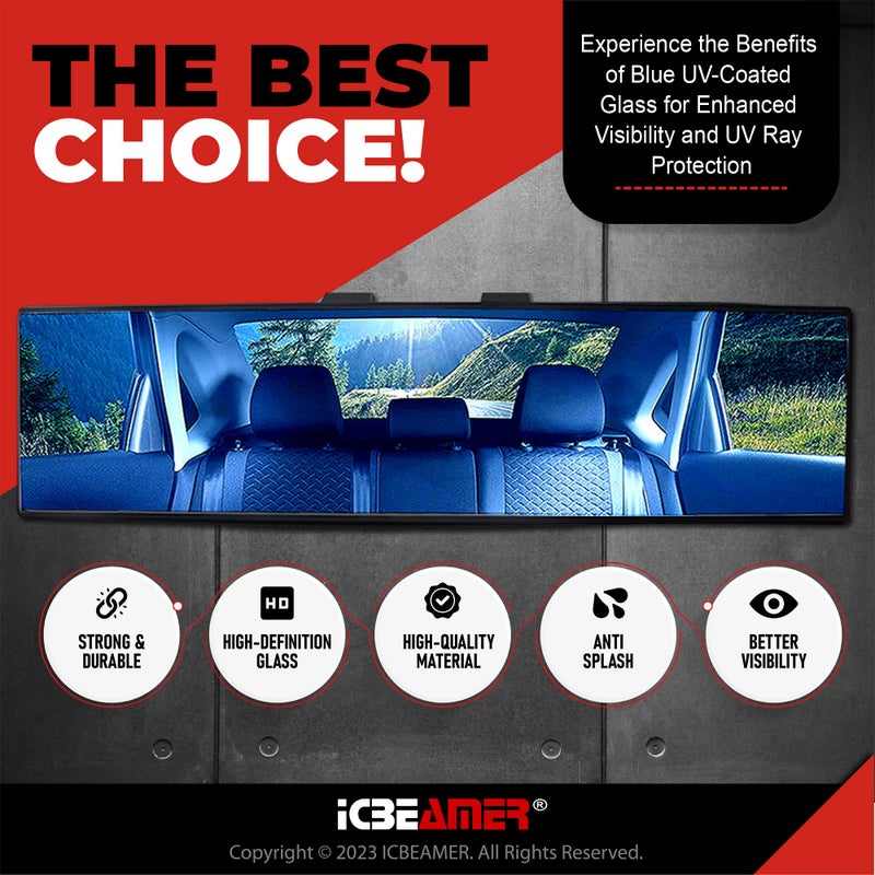 ICBEAMER 9.4" 240mm Easy Clip on Universal Fit Wide Angle Panoramic Auto Interior Rearview Mirror "Flat Blue Surface" - Image 2