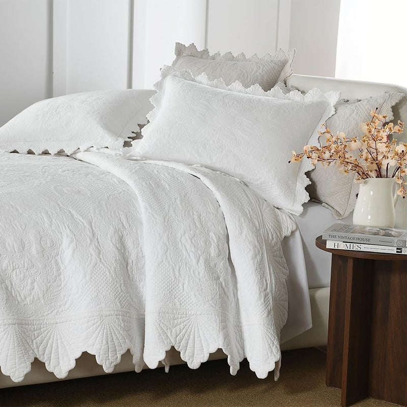 camandy Cotton Quilt Bedding Set Reversible Lightweight Coverlet for All Seasons, 3 Pieces Embossed Floral Solid White Bedspread with Ruffled Edge, King Size - Image 2