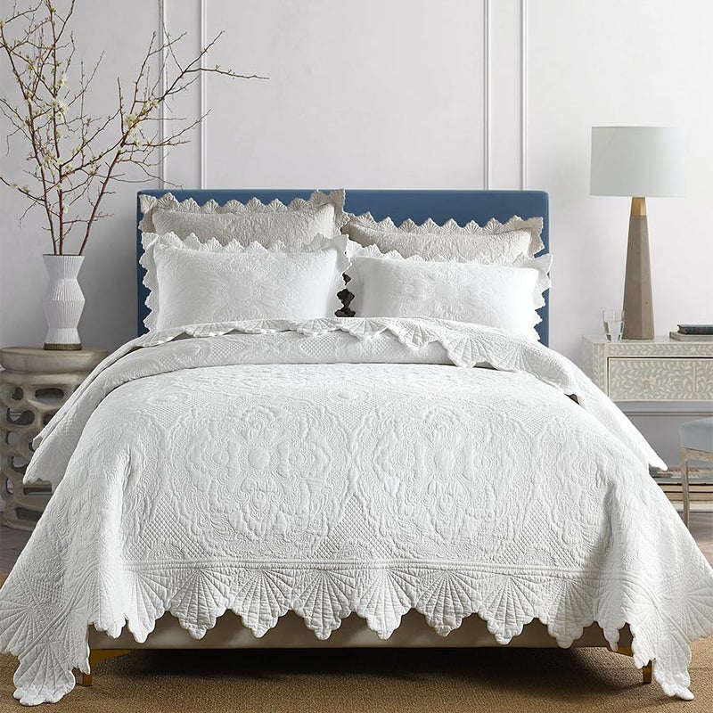camandy Cotton Quilt Bedding Set Reversible Lightweight Coverlet for All Seasons, 3 Pieces Embossed Floral Solid White Bedspread with Ruffled Edge, King Size - Image 1