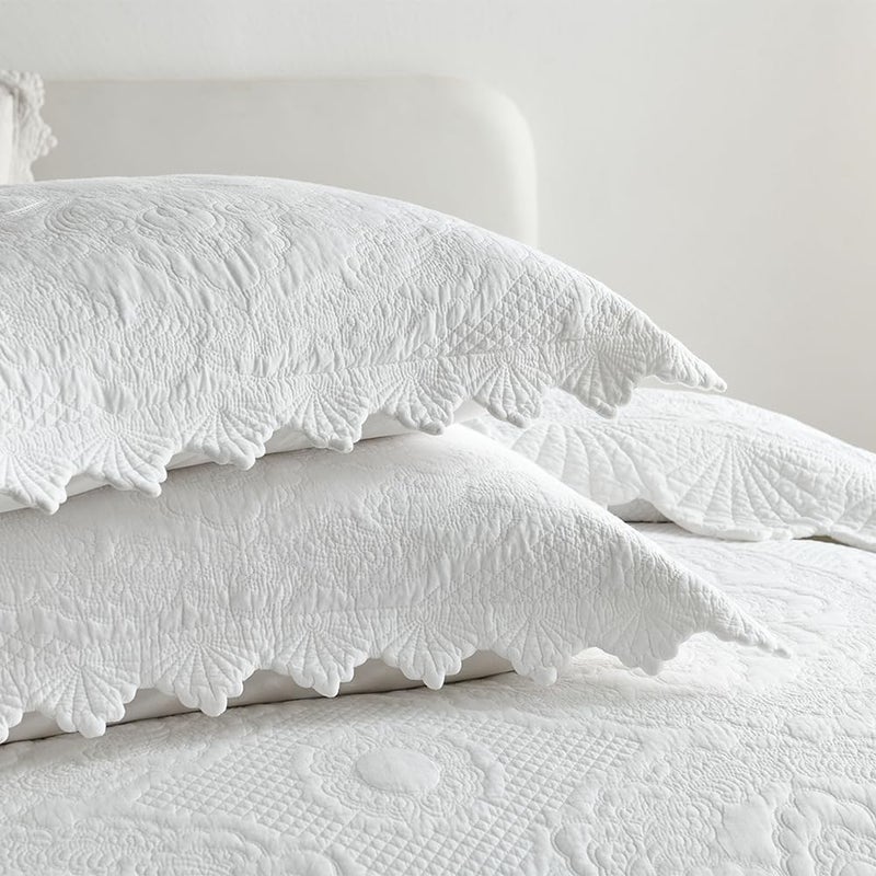 camandy Cotton Quilt Bedding Set Reversible Lightweight Coverlet for All Seasons, 3 Pieces Embossed Floral Solid White Bedspread with Ruffled Edge, King Size - Image 5