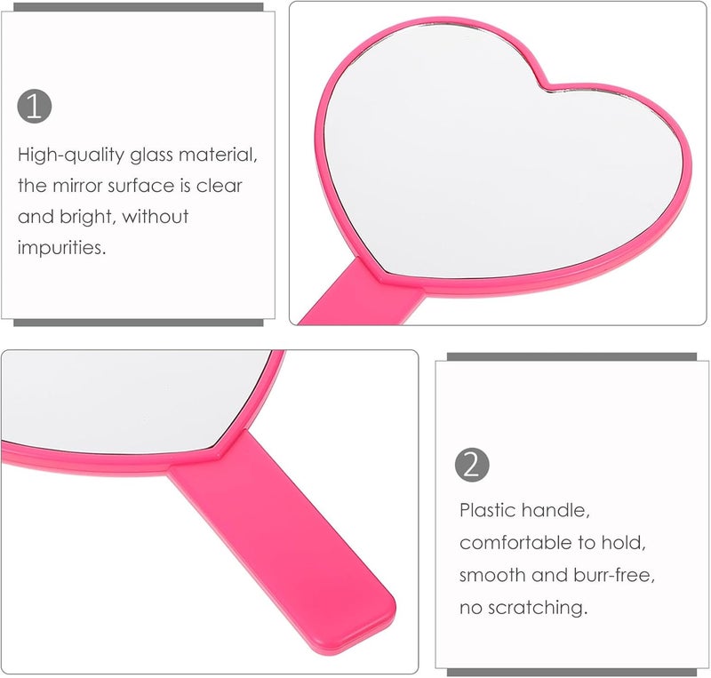 2 Pcs Heart Shape Vanity Hand Mirrors with Handle for Portable Cosmetic Handheld Mirrors in Orange and Rose Red Travel Personal Set - Image 3