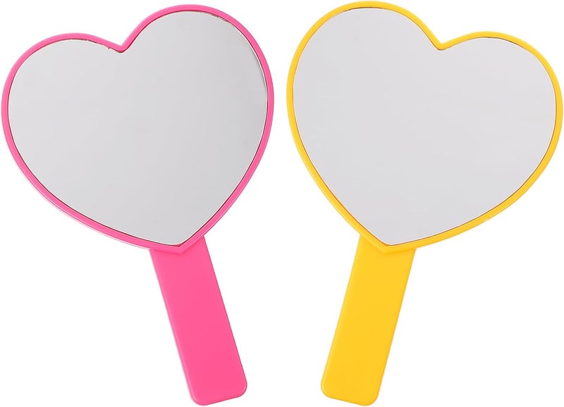 2 Pcs Heart Shape Vanity Hand Mirrors with Handle for Portable Cosmetic Handheld Mirrors in Orange and Rose Red Travel Personal Set - Image 1