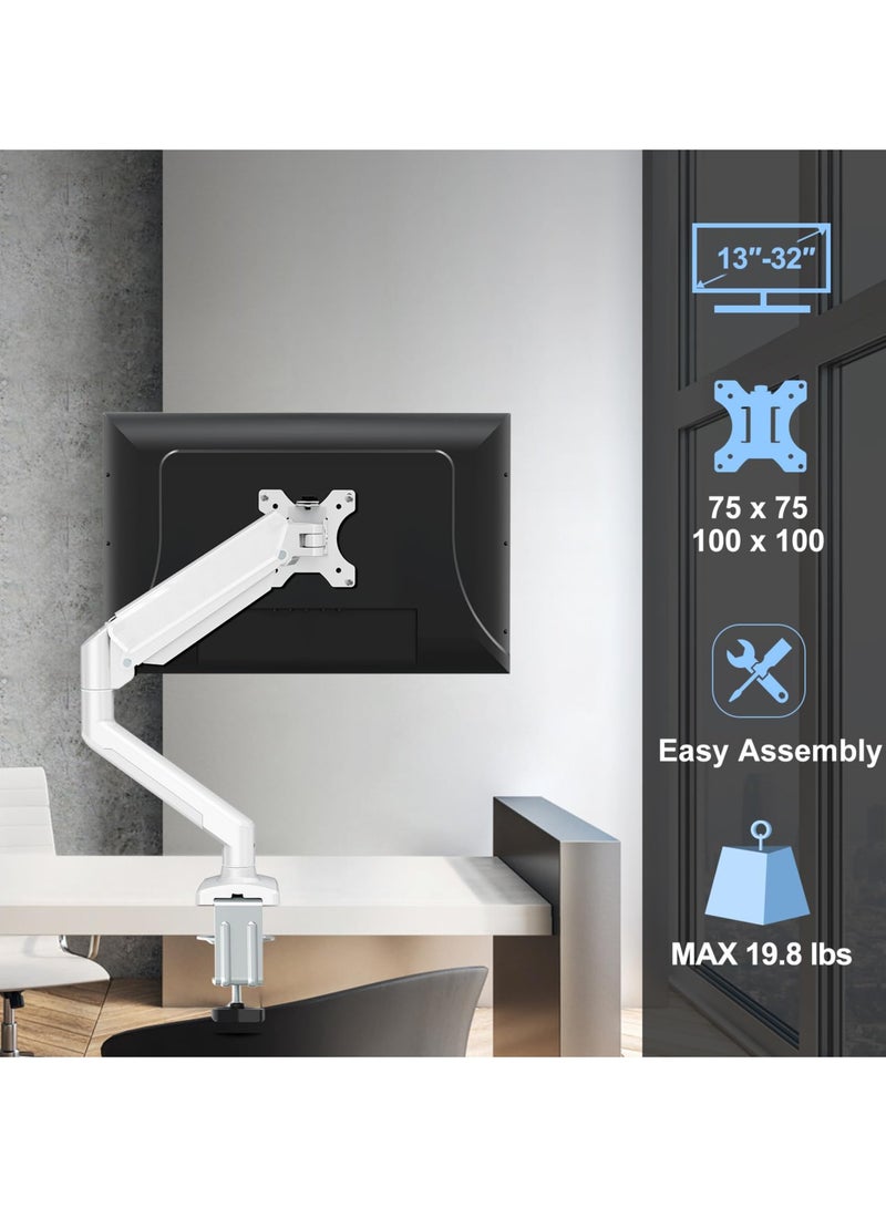 ذراع تثبيت شاشة واحدة يناسب شاشة يصل حجمها إلى 32 بوصة، حامل شاشة مكتبي يحمل شاشة كمبيوتر بوزن 4.4-19.8 رطل، حامل مكتبي لشاشة زنبركية غازية كاملة الحركة، حامل VESA، أبيض - Image 3