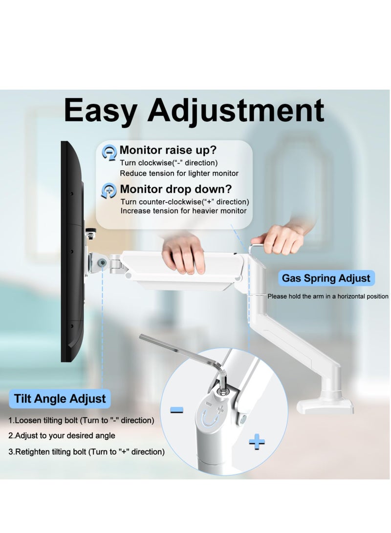 ذراع تثبيت شاشة واحدة يناسب شاشة يصل حجمها إلى 32 بوصة، حامل شاشة مكتبي يحمل شاشة كمبيوتر بوزن 4.4-19.8 رطل، حامل مكتبي لشاشة زنبركية غازية كاملة الحركة، حامل VESA، أبيض - Image 4